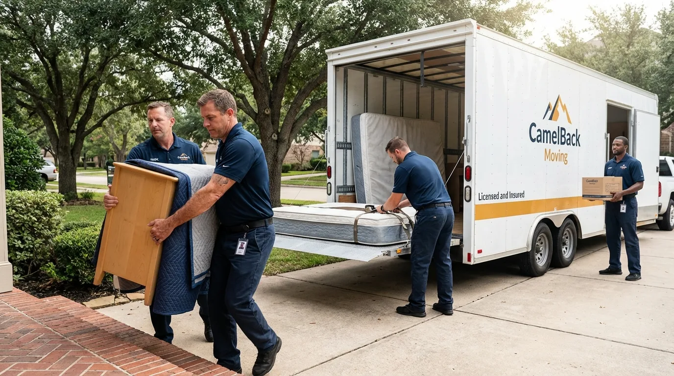 Crew loading residential truck for cross-state move from Fulshear, TX