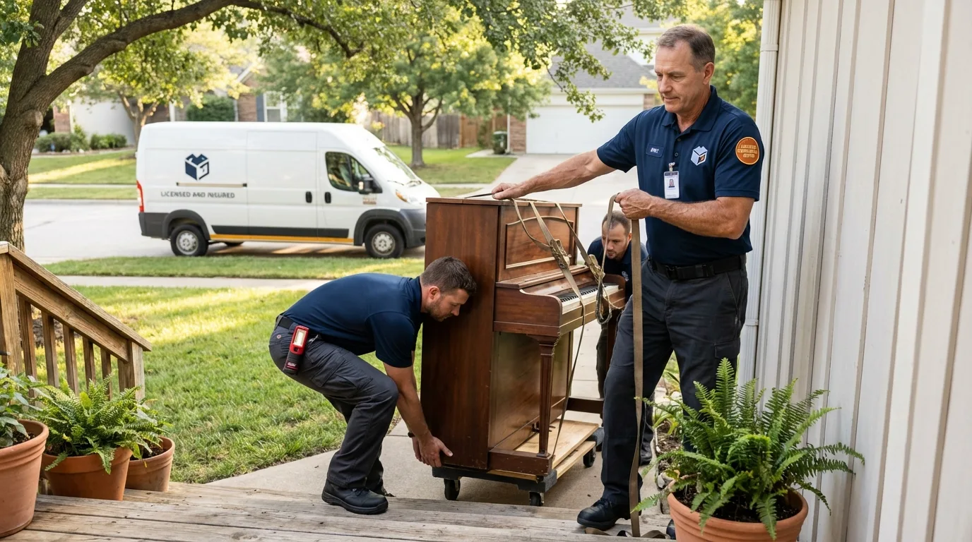 Licensed piano movers securing grand piano in Fulshear, TX