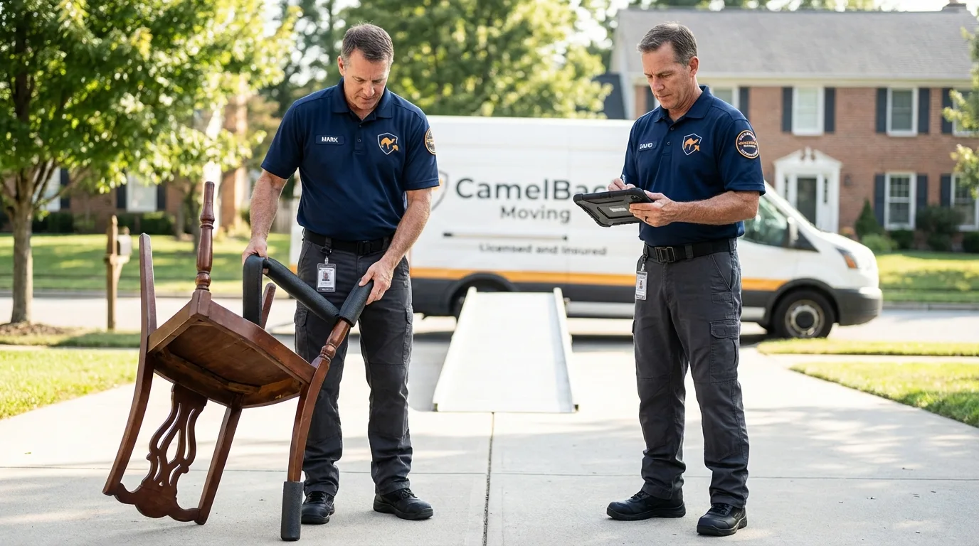 Movers inspecting furniture for damage prevention before loading in Fulshear, TX