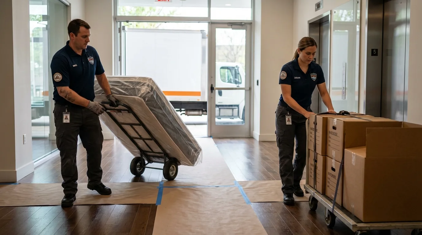 Professional apartment movers loading elevator in Fulshear, TX